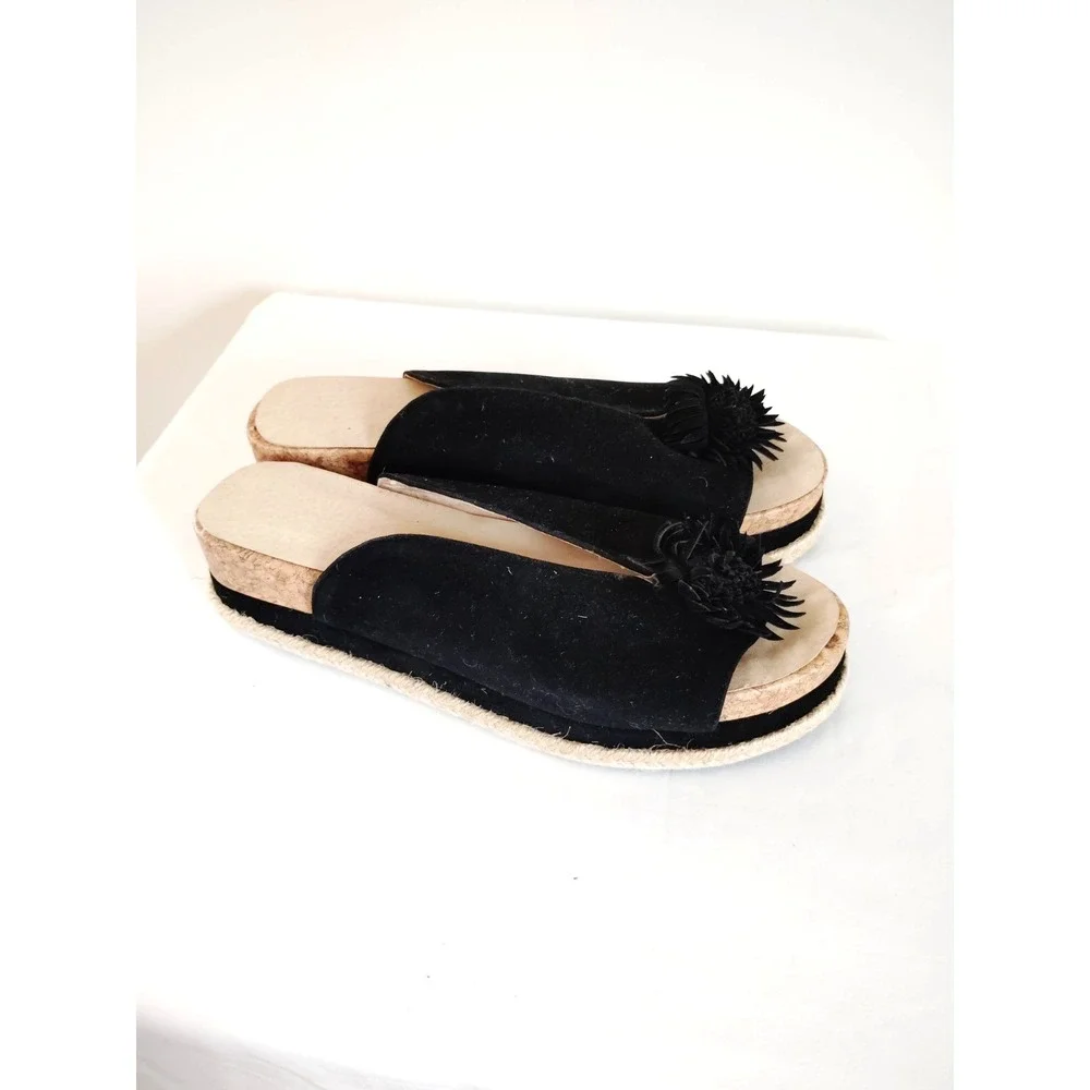 Women 10 Black Slip‑On Flower Cork Platform Gothic Boho Sandals   Woven Sole EUC